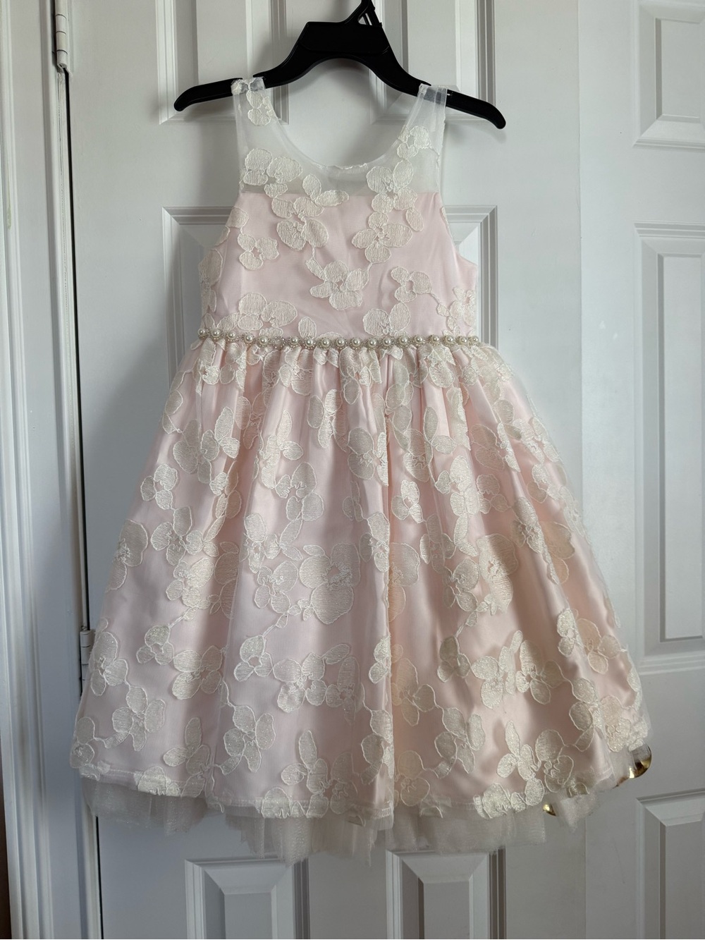American Princess Light Pink Lace Pearl-Belted Party Dress Size 8 girls EUC